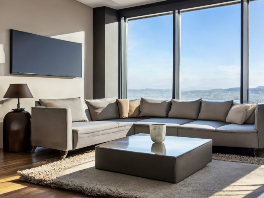 Helles Wohnzimmer mit Sofa, Glastisch und Blick auf den See durch große Fenster.
