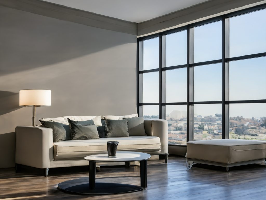 Heller Wohnraum mit einem Sofa, Tisch und großen Fenstern mit Blick auf die Stadt.