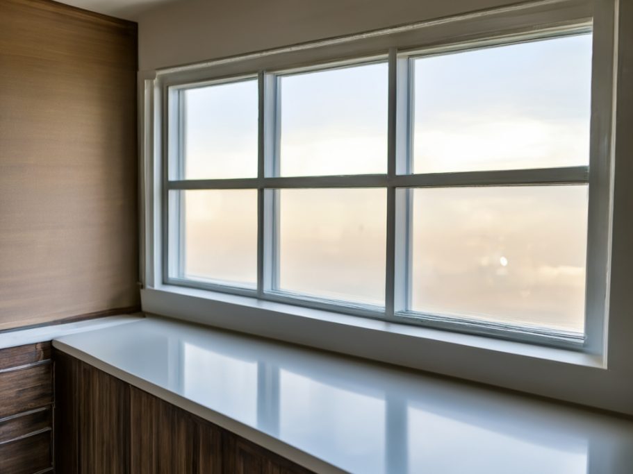 Blick aus einem Fenster mit vier Scheiben auf eine unscharfe Außenansicht.