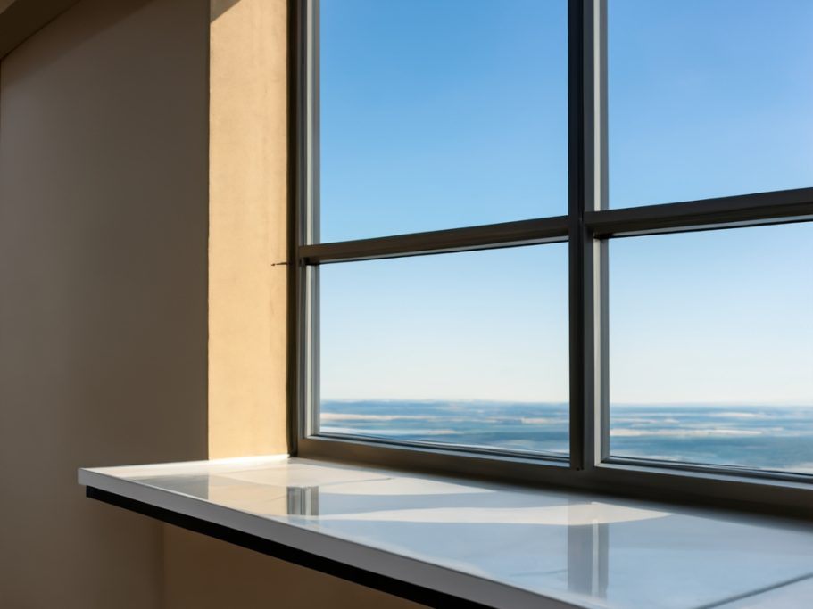 Ein Blick aus einem Fenster auf einen klaren Himmel und das Meer.