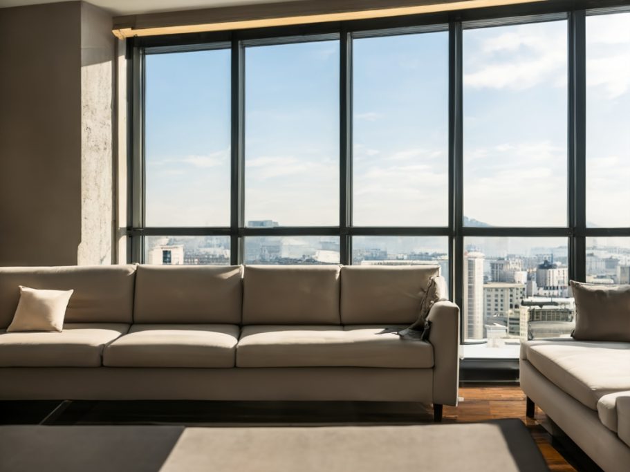 Heller Wohnraum mit beigem Sofa und großen Fenstern, Blick auf die Stadtlandschaft.